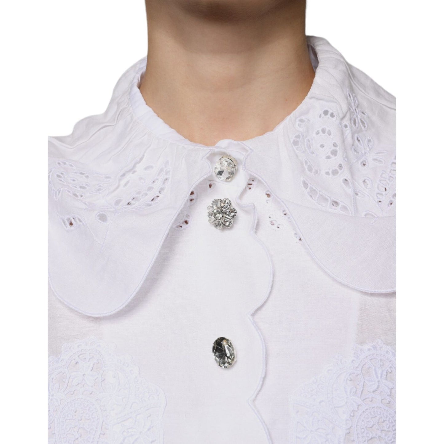 Dolce & Gabbana White Cotton Lace Trim Collared Blouse Top Dolce & Gabbana Light Gray