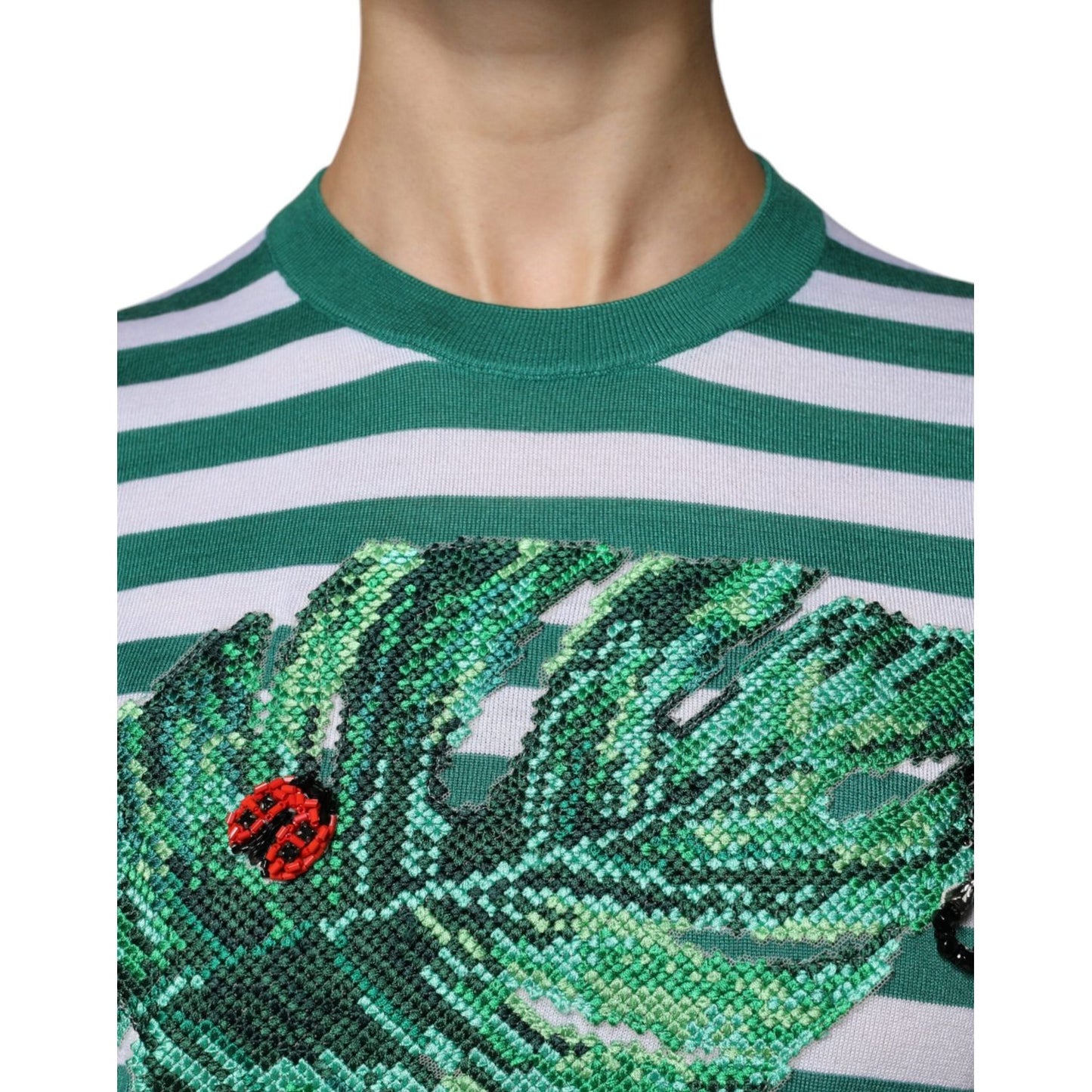 Dolce & Gabbana White Green Stripe Leaf Crew Neck T-shirt Dolce & Gabbana Sea Green