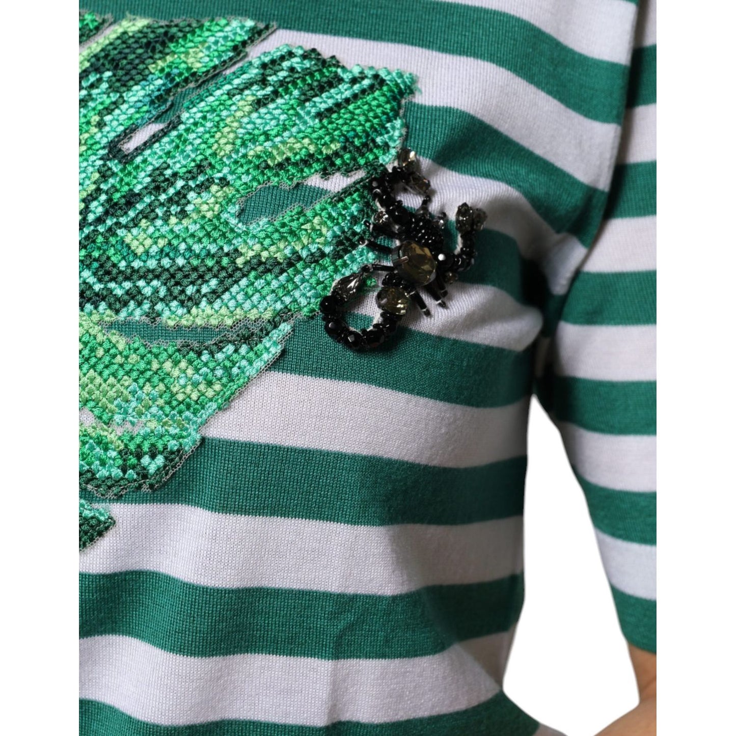 Dolce & Gabbana White Green Stripe Leaf Crew Neck T-shirt Dolce & Gabbana Dark Slate Gray
