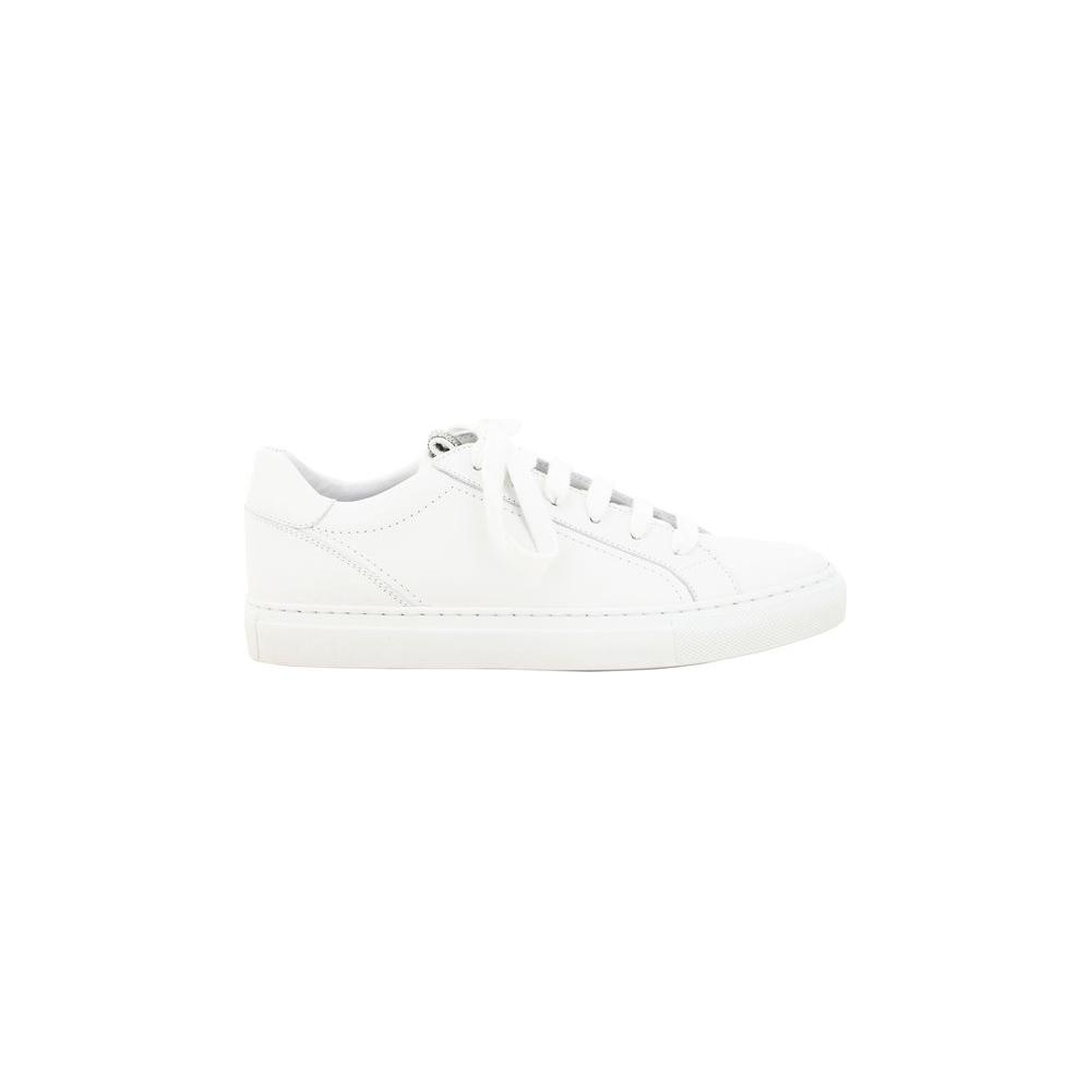White Brunello Cucinelli calfskin sneakers with lace-up front and glittering jewel embellishment.