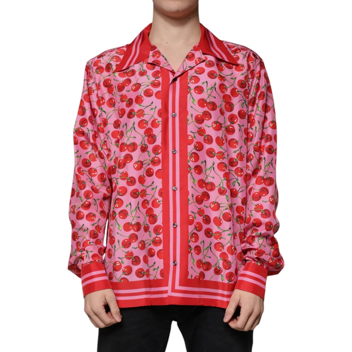 Dolce & Gabbana Dolce & Gabbana Pink Cherry Silk Button Down Casual Shirt TSH87285-42 1728,67345645728,Clothing,Dolce & Gabbana,IT42 | XL,Material: 100% Silk,Men,Men - Clothing,New with tags,Pink,Shirts - Men - Clothing