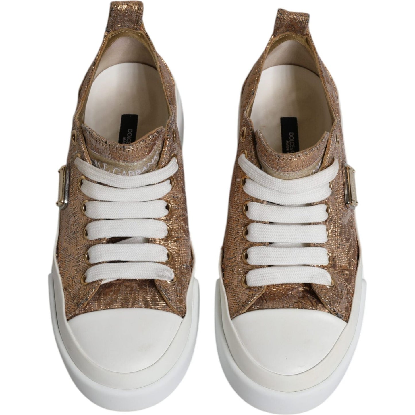 Dolce & Gabbana Dolce & Gabbana Gold White Logo Low Top Sneakers Shoes LA12139-35 1728,67345645728,Dolce & Gabbana,EU35/US4.5,Gold,Material: 62% Calf Leather 27% Viscose 3% Polyester 5% Nylon 3% Acetate,Preowned / Defect,Shoes,Sneakers - Women - Shoes,Wom