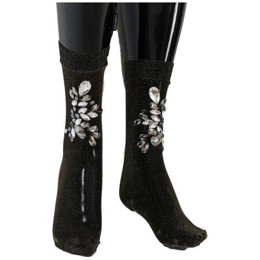 Dolce & Gabbana Black Stretch Floral Clear Crystal Socks