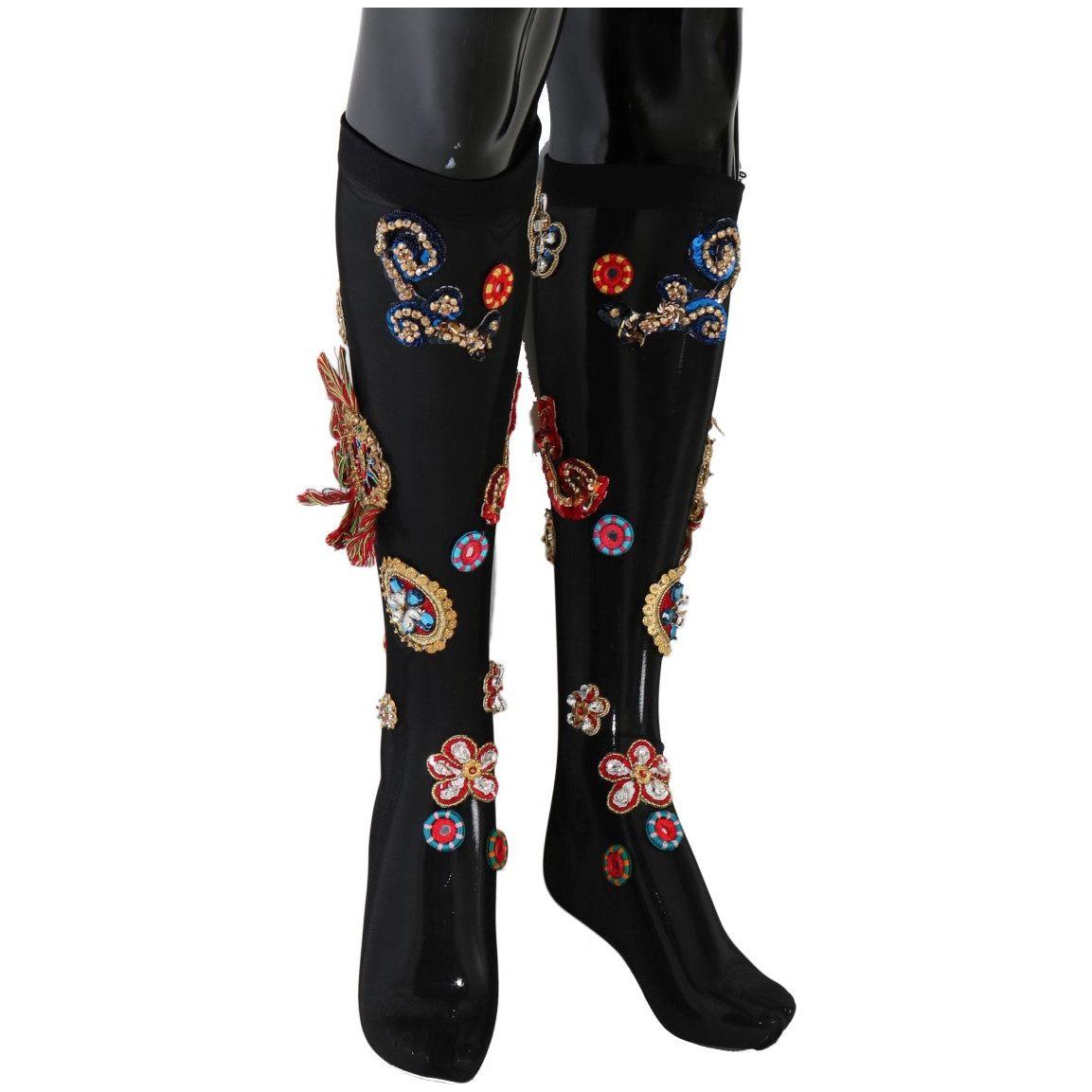 Dolce & Gabbana Elegant Embellished Crystal Stockings Dolce & Gabbana Black