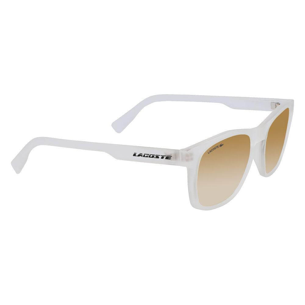 Lacoste transparent bio injected sunglasses with brown lenses, 54mm lens width, 18mm bridge, and 145mm temple length for men.