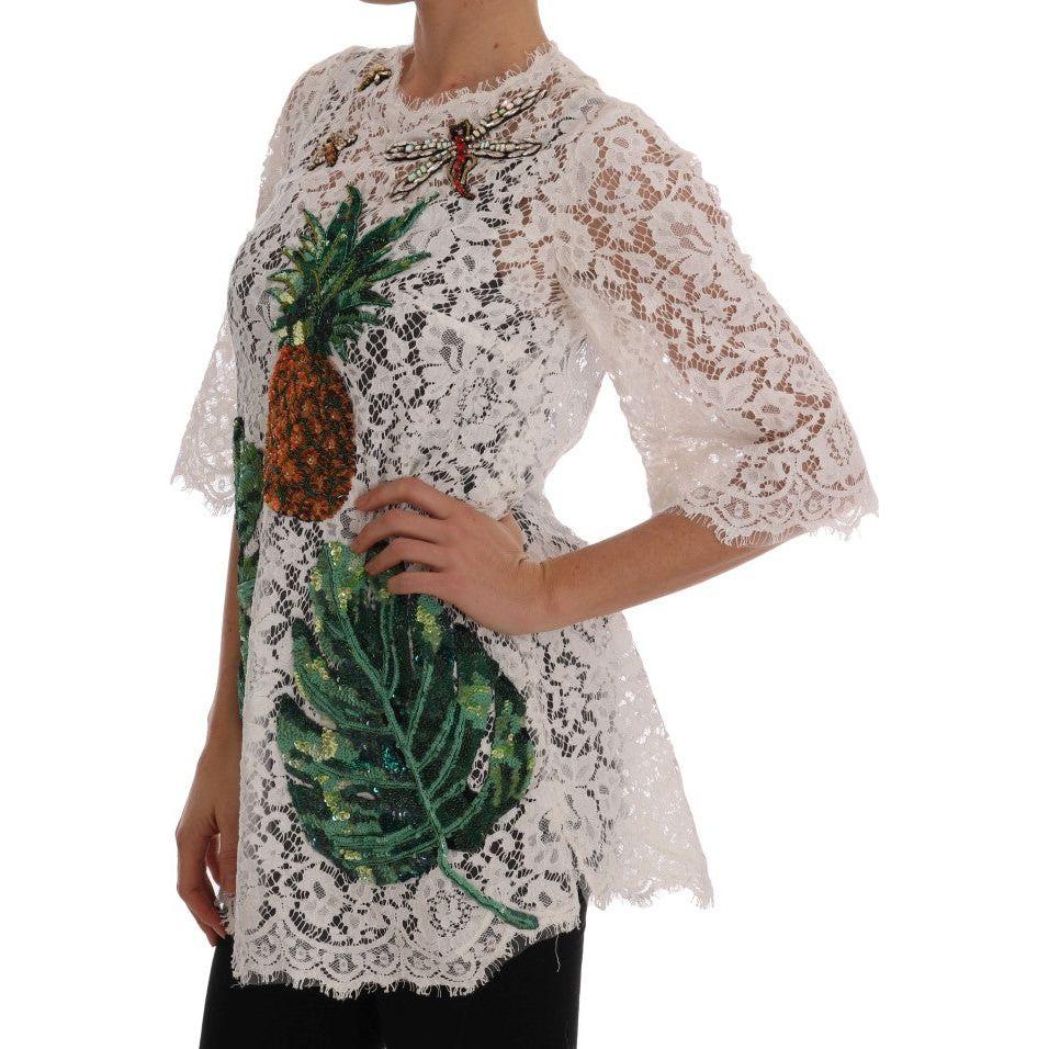 Dolce & Gabbana Elegant White Lace Embellished Mini Blouse Dolce & Gabbana Dark Gray