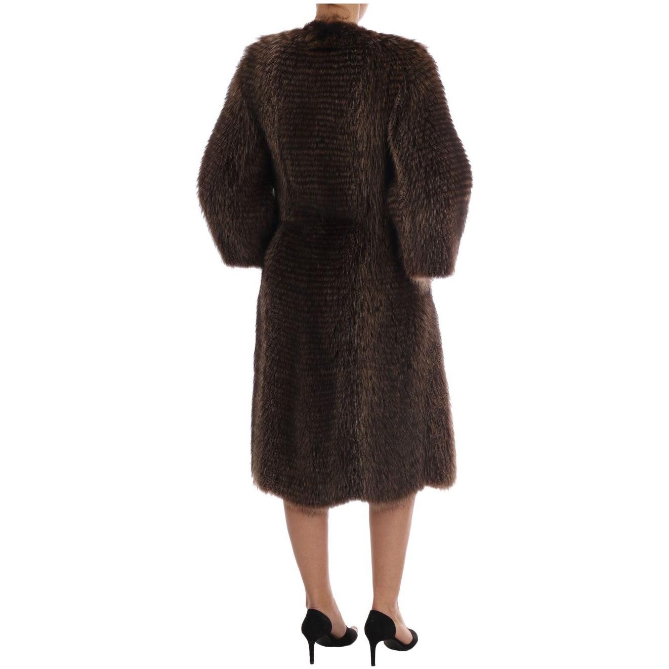 Dolce & Gabbana Elegant Brown Raccoon Fur Knee-Length Coat Coats & Jackets Dolce & Gabbana Black