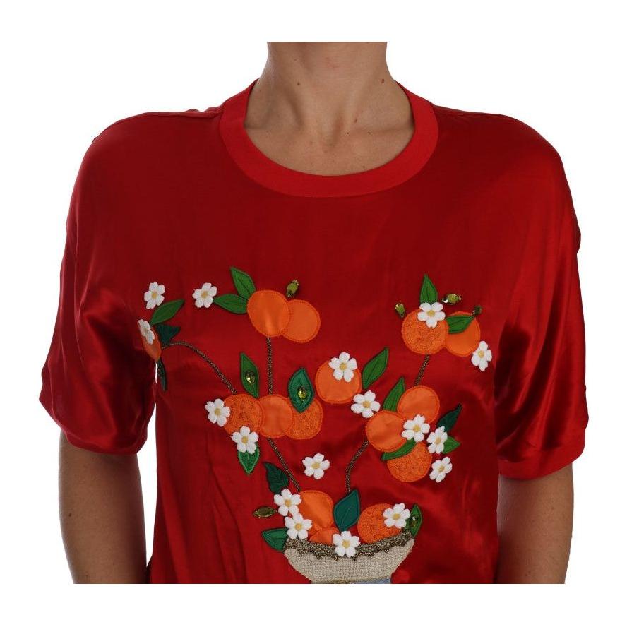 Dolce & Gabbana Red Silk Floral Embroidered Elegance Top Dolce & Gabbana Dark Red