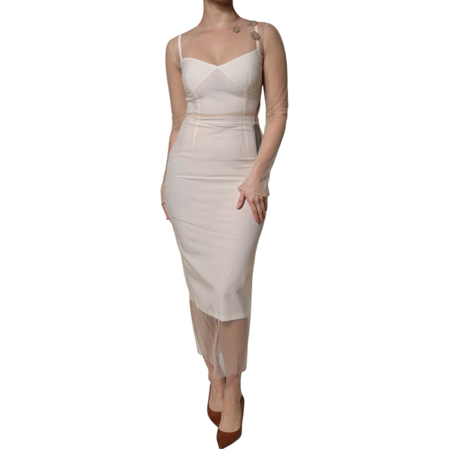 Dolce & Gabbana Dolce & Gabbana White Sheer Tulle Bustier Bodycon Midi Dress DR281231-40 1728,67345645728,Clothing,Dolce & Gabbana,Dresses - Women - Clothing,IT40|S,Material: 90% Nylon 10% Polyester,New with tags,White,Women,Women - Clothing