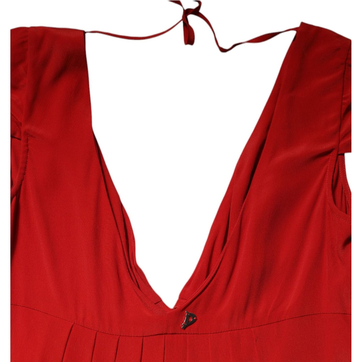 Dondup Red Acetate Short Sleeves Plunging Neckline Maxi Dress