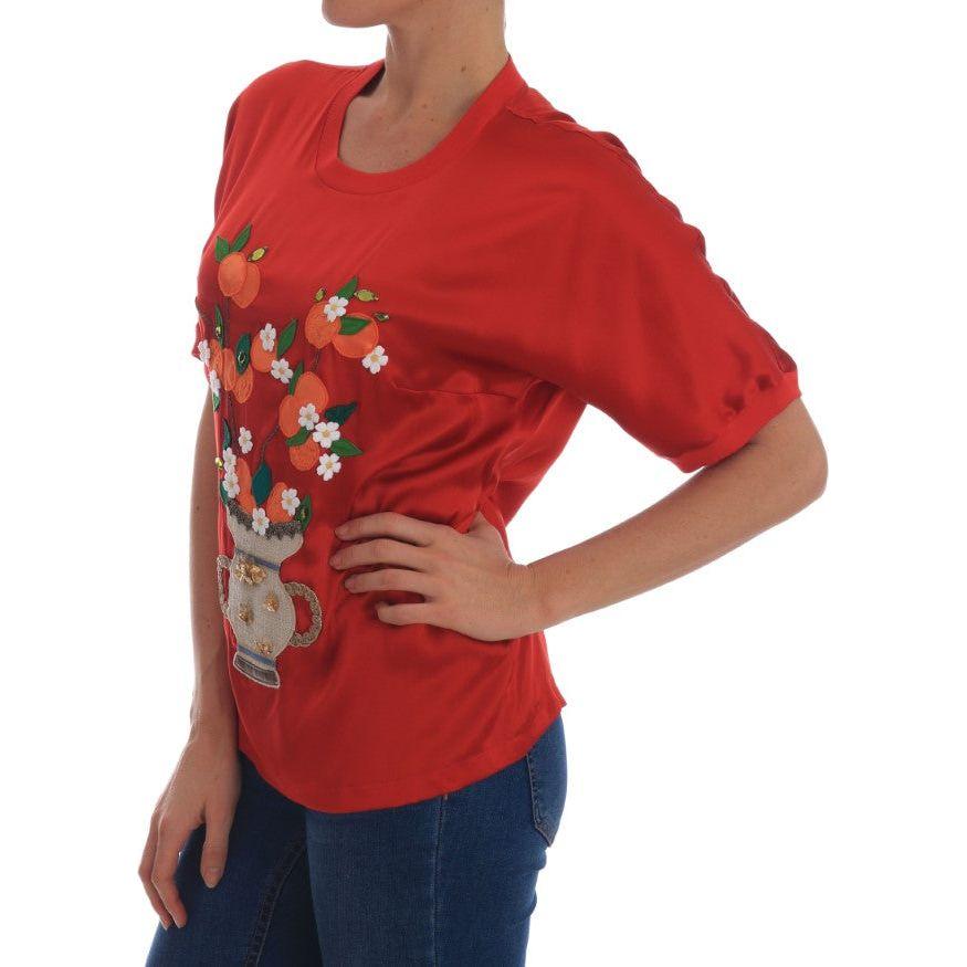 Dolce & Gabbana Elegant Red Silk Crystal-Embellished Blouse Dolce & Gabbana Brown