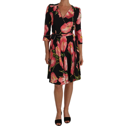 Dolce & Gabbana Black Pink Tulip Print Stretch Shift Dress