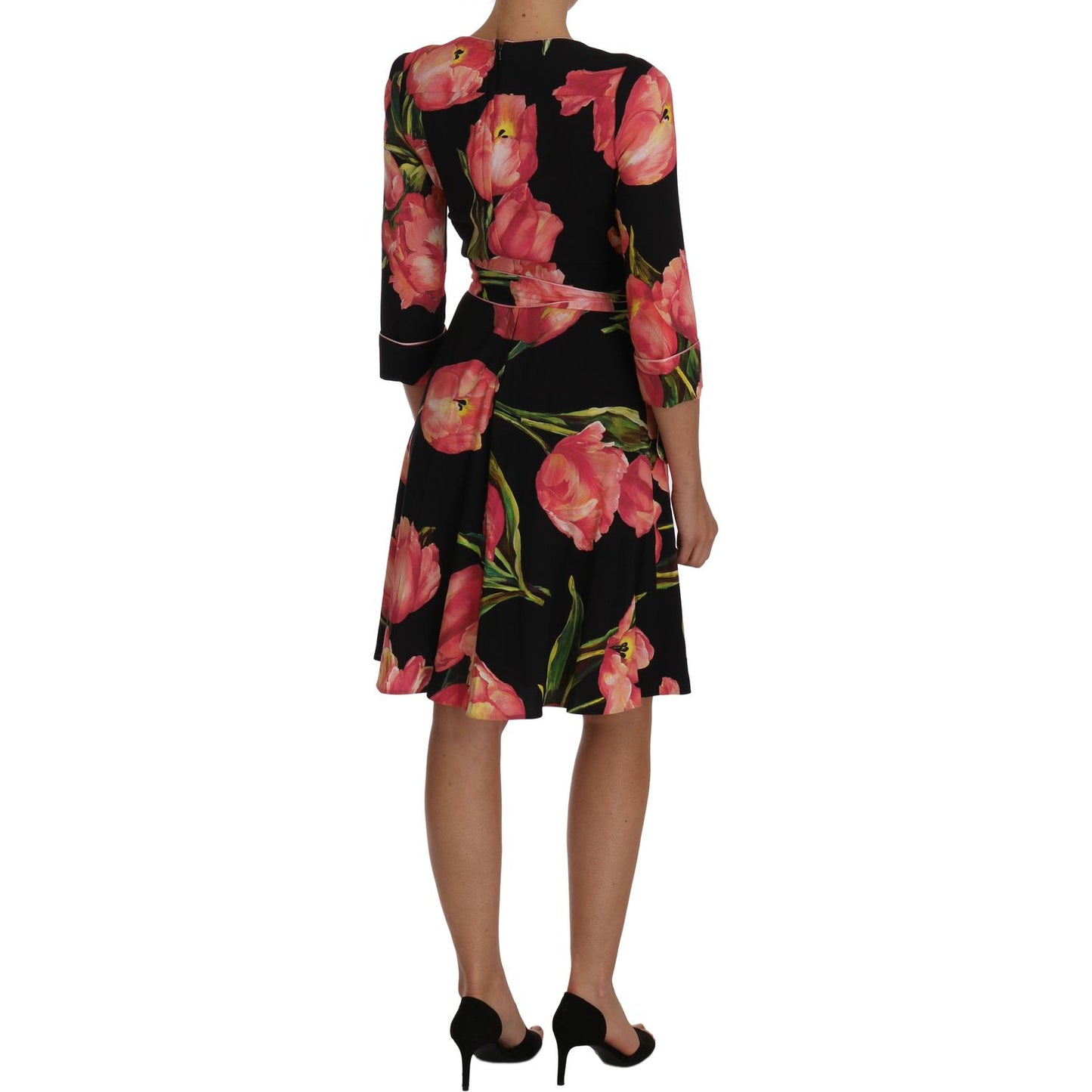 Dolce & Gabbana Elegant Black Shift Dress with Pink Tulips Print Dolce & Gabbana Black