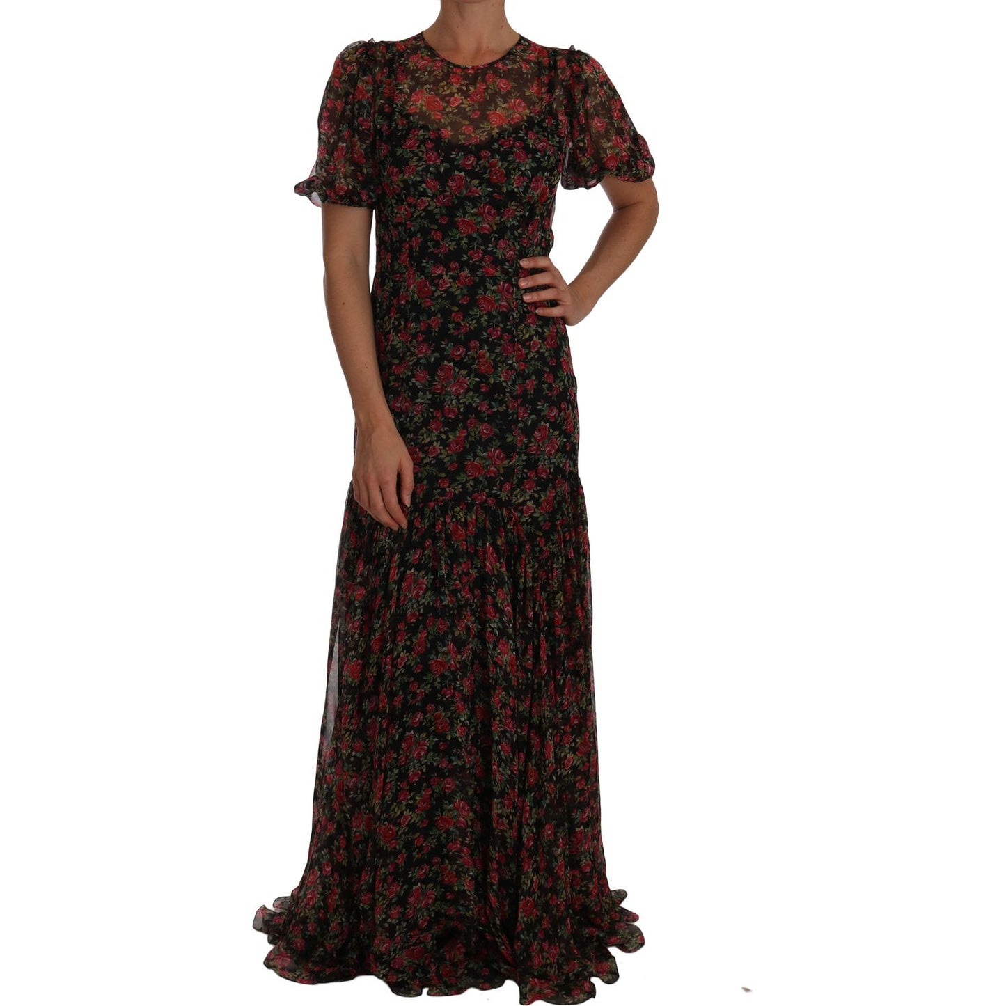 Dolce & Gabbana Elegant Floral A-Line Silk Dress Dolce & Gabbana Black