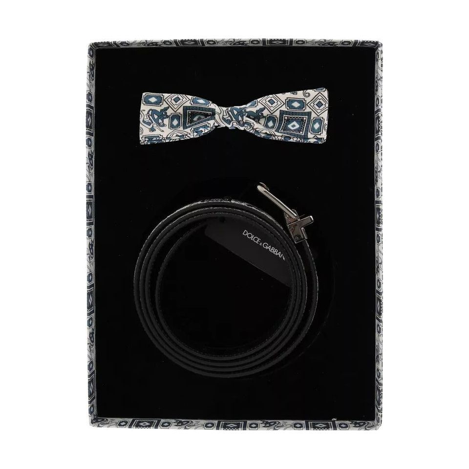 Dolce & Gabbana White Blue Silk Bowtie Leather Belt Gift Box Set