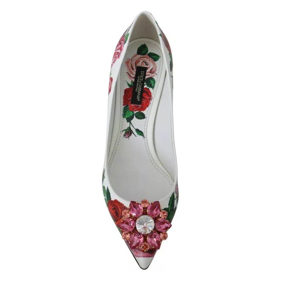 Dolce & Gabbana White Leather Roses Crystal Pumps Shoes