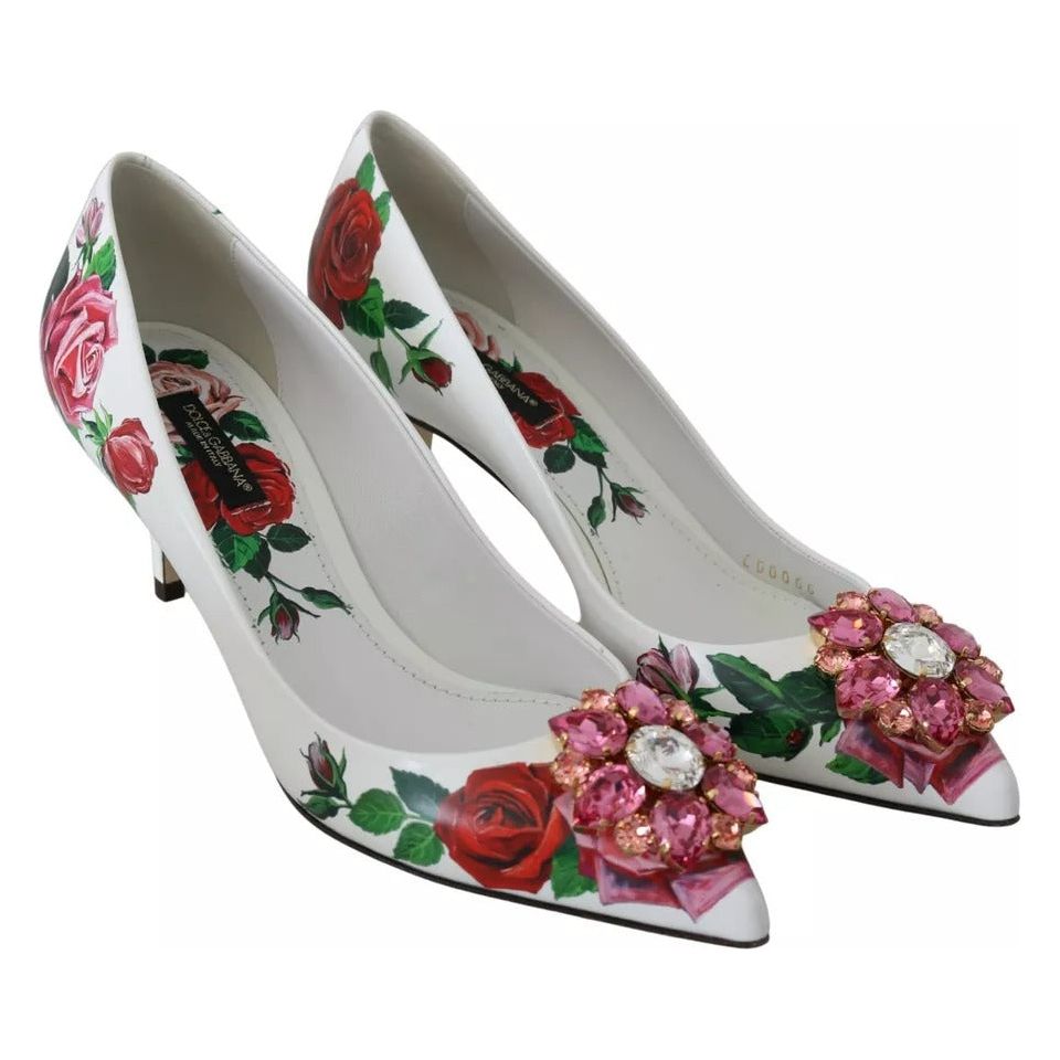 Dolce & Gabbana White Leather Roses Crystal Pumps Shoes