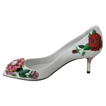 Dolce & Gabbana White Leather Roses Crystal Pumps Shoes