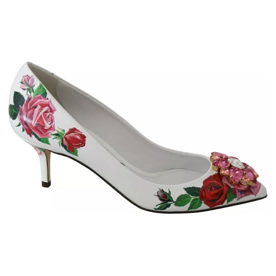 Dolce & Gabbana White Leather Roses Crystal Pumps Shoes