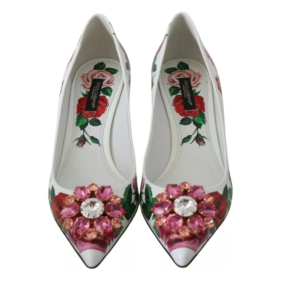 Dolce & Gabbana White Leather Roses Crystal Pumps Shoes