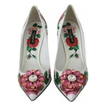Dolce & Gabbana White Leather Roses Crystal Pumps Shoes