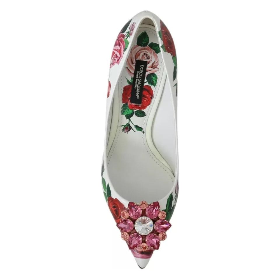 Dolce & Gabbana White Leather Roses Crystal Pumps Shoes