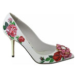 Dolce & Gabbana White Leather Roses Crystal Pumps Shoes