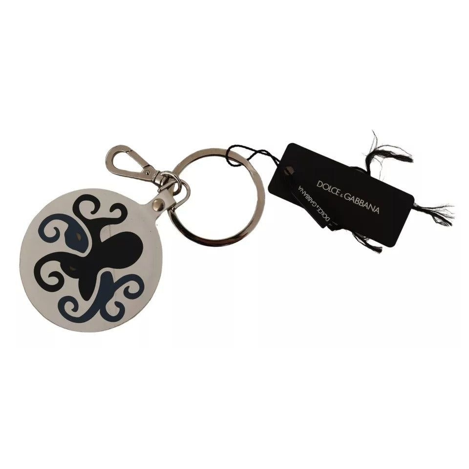 Dolce & Gabbana White Leather Printed Metal Silver Tone Keyring Keychain SMY100799
