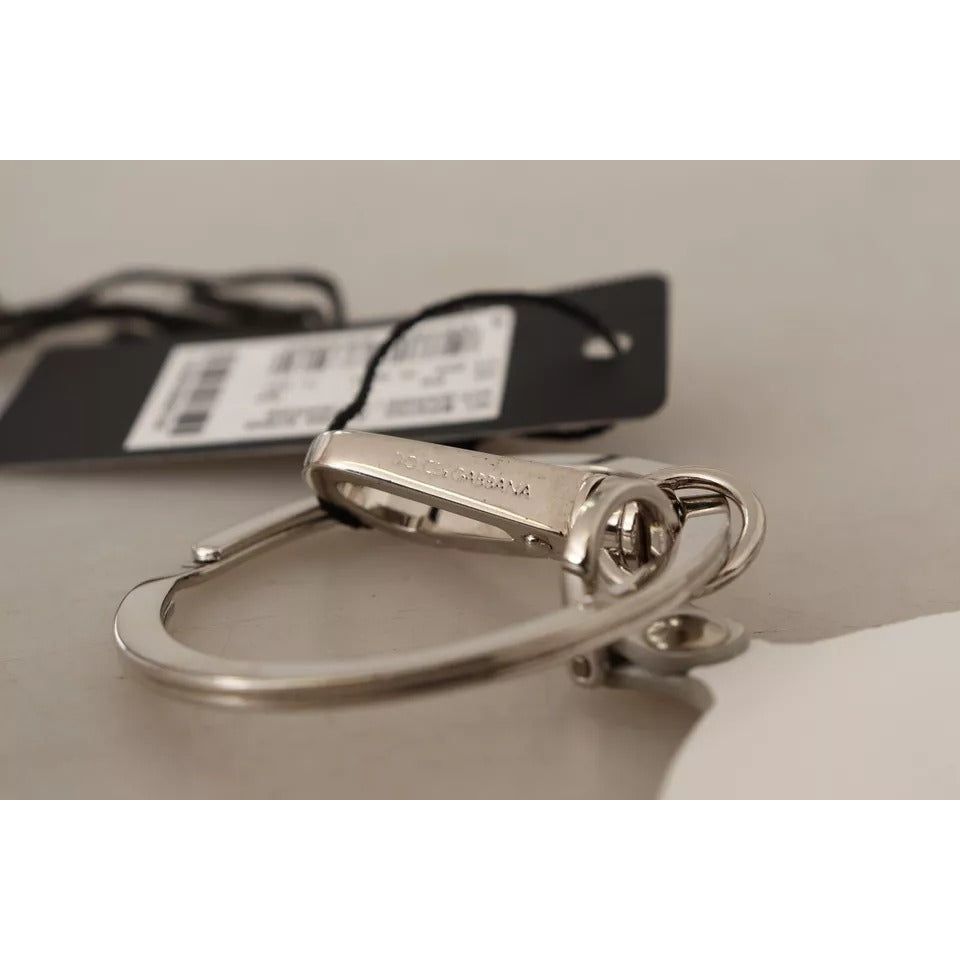 Dolce & Gabbana White Leather Printed Metal Silver Tone Keyring Keychain SMY100799