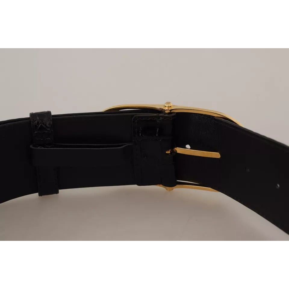 Dolce & Gabbana Black Wide Embossed Leather Gold Metal Buckle Belt