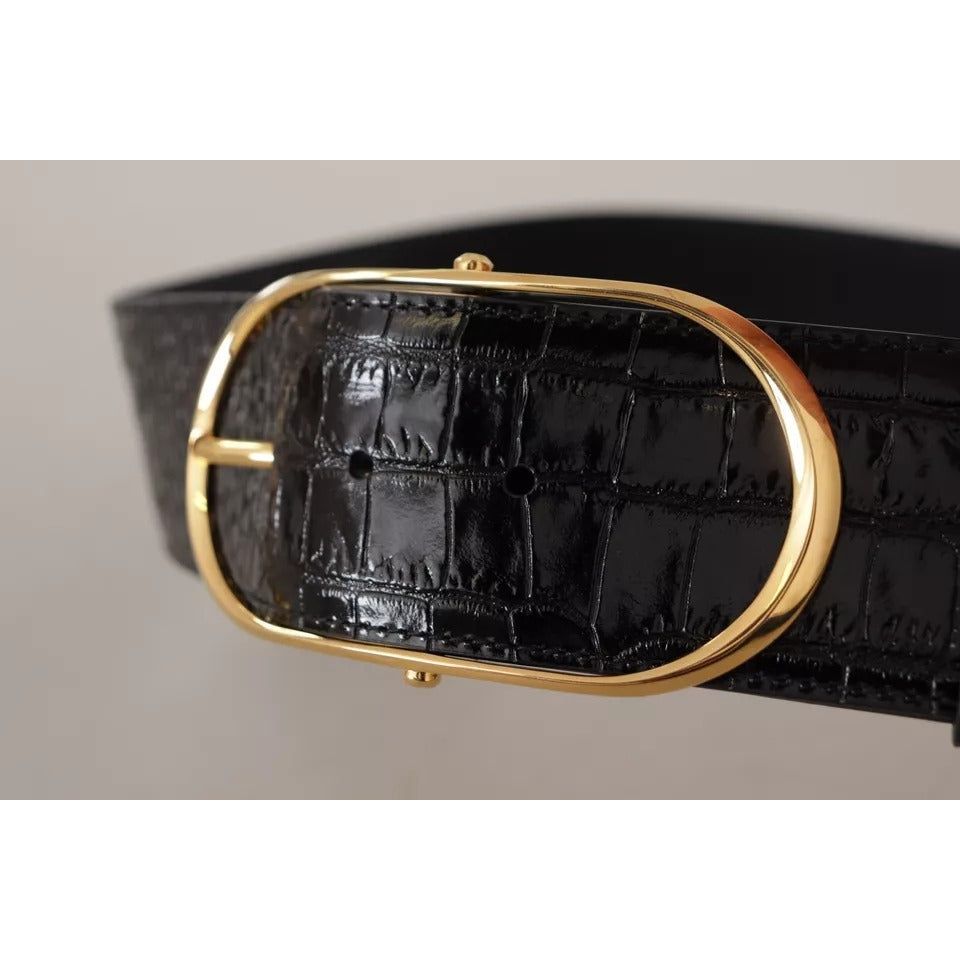 Dolce & Gabbana Black Wide Embossed Leather Gold Metal Buckle Belt