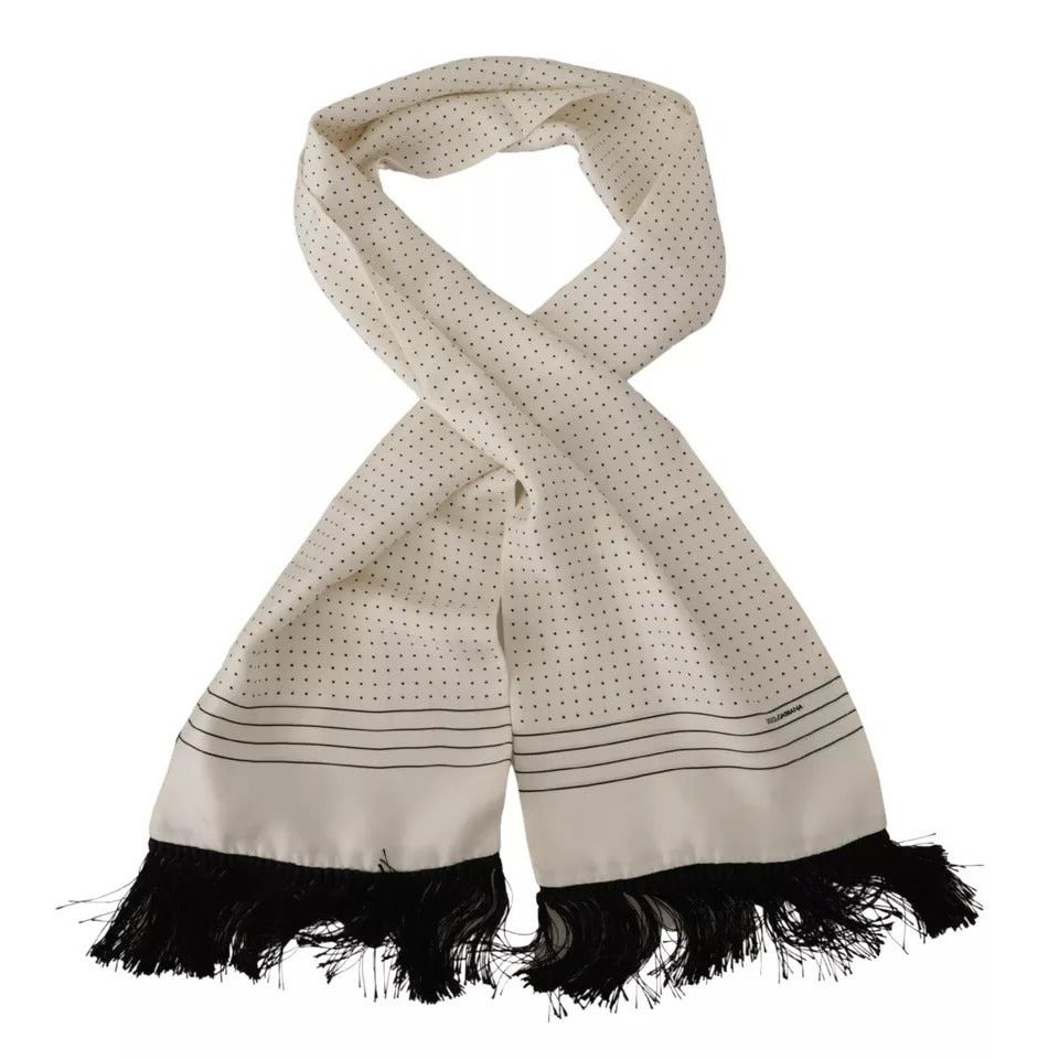 Dolce & Gabbana White Polka Dots Pattern Silk Fringes Wrap Scarf MS6168