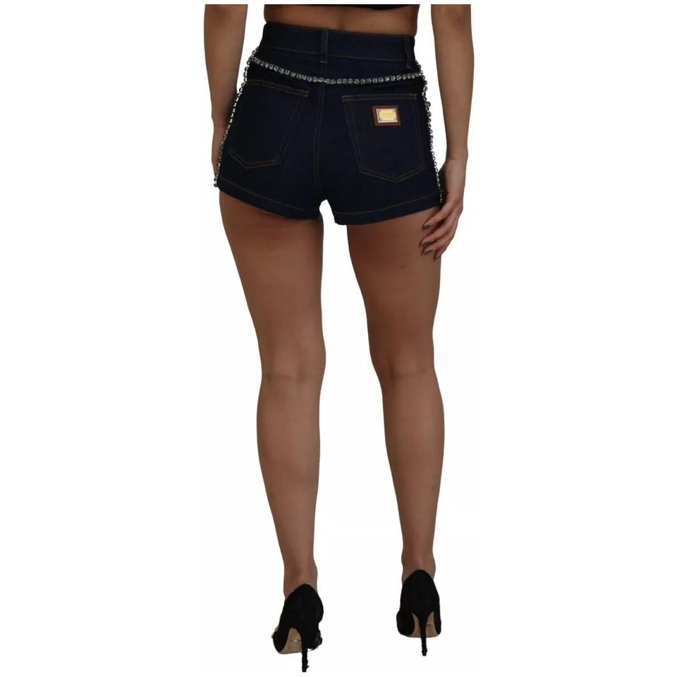 Dolce & Gabbana Blue Denim Stretch Crystal Hot Pants Shorts