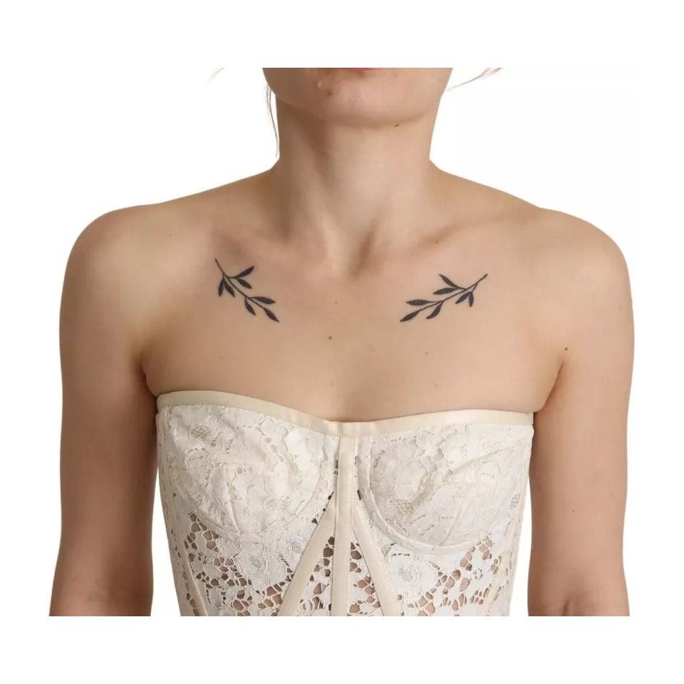 Dolce & Gabbana White Strapless Floral Lace Cropped Bustier Top