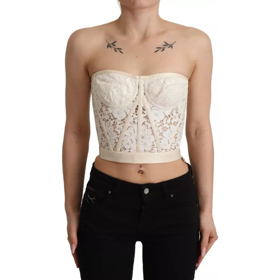 Dolce & Gabbana White Strapless Floral Lace Cropped Bustier Top