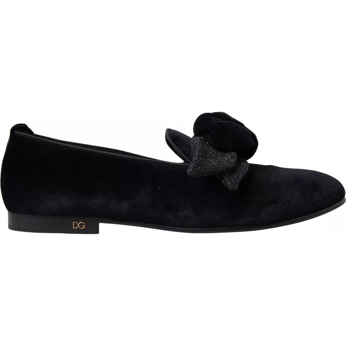 Dolce & Gabbana Black Velvet Flats Bow Young Queen Shoes