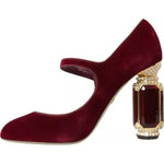Dolce & Gabbana Red Velvet Gold Crystals Heels Mary Janes Shoes