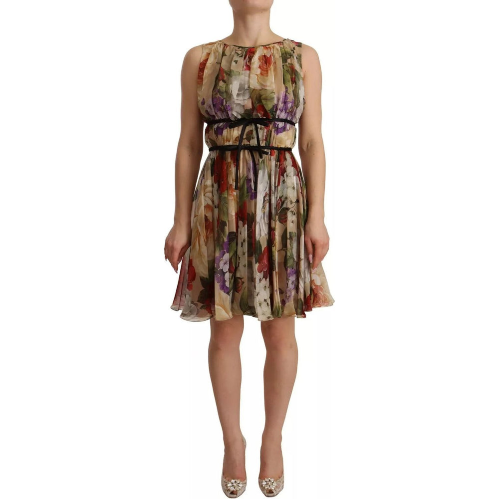 Dolce & Gabbana Beige Floral Sleeveless Round Neck Mini Dress