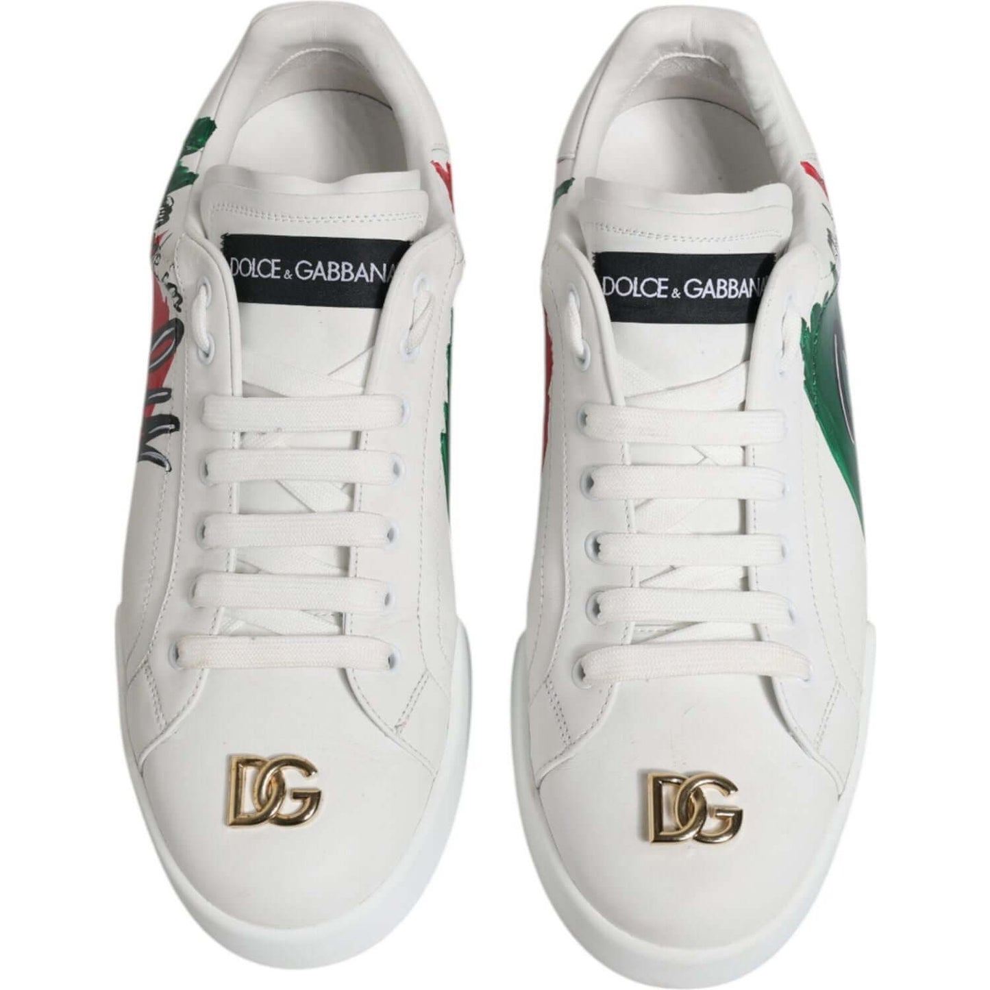Dolce & Gabbana white Portofino sneakers with Italy print, gold logo, calf leather, rubber sole, preowned, exclusive craftsmanship.