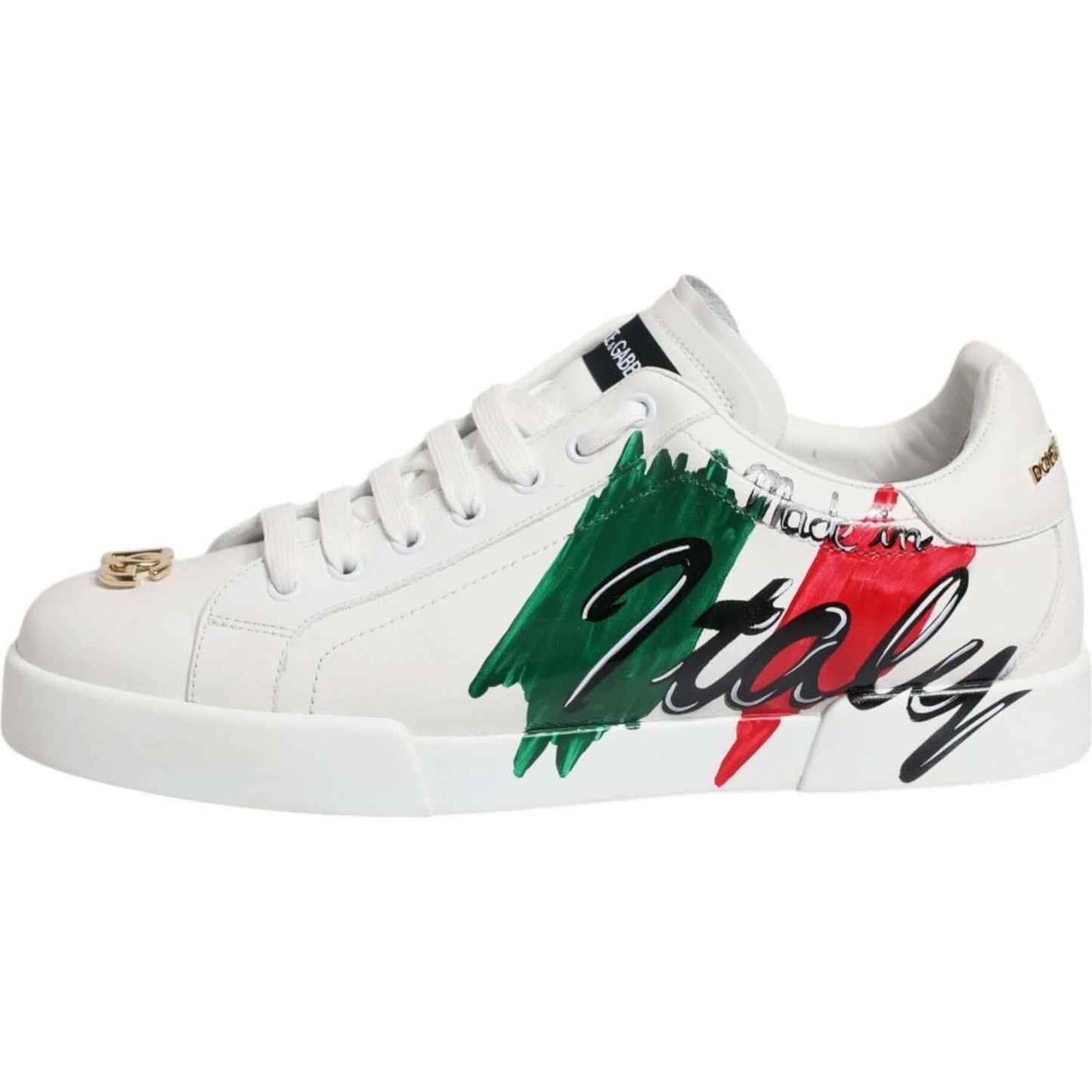 Dolce & Gabbana Portofino white sneakers with Italy print, calf leather, lace-up, preowned, exclusive design, missing logo, scratches visible.