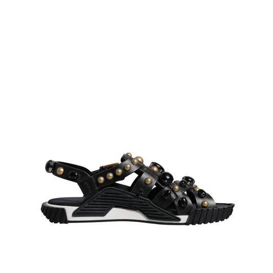 Dolce & Gabbana Black Leather Studded Slides Sandals Shoes