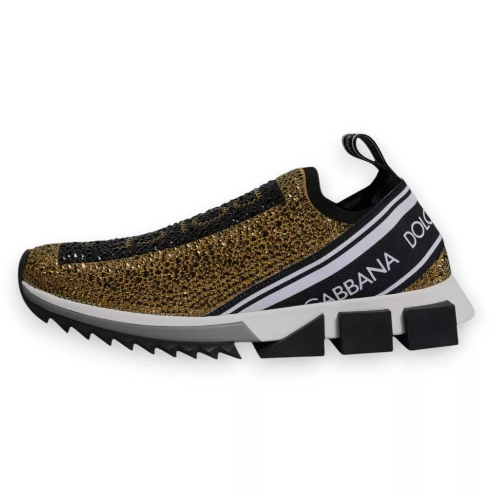 Dolce & Gabbana gold rhinestones Sorrento sneakers, slip-on style with ridged rubber sole and logo details, side view