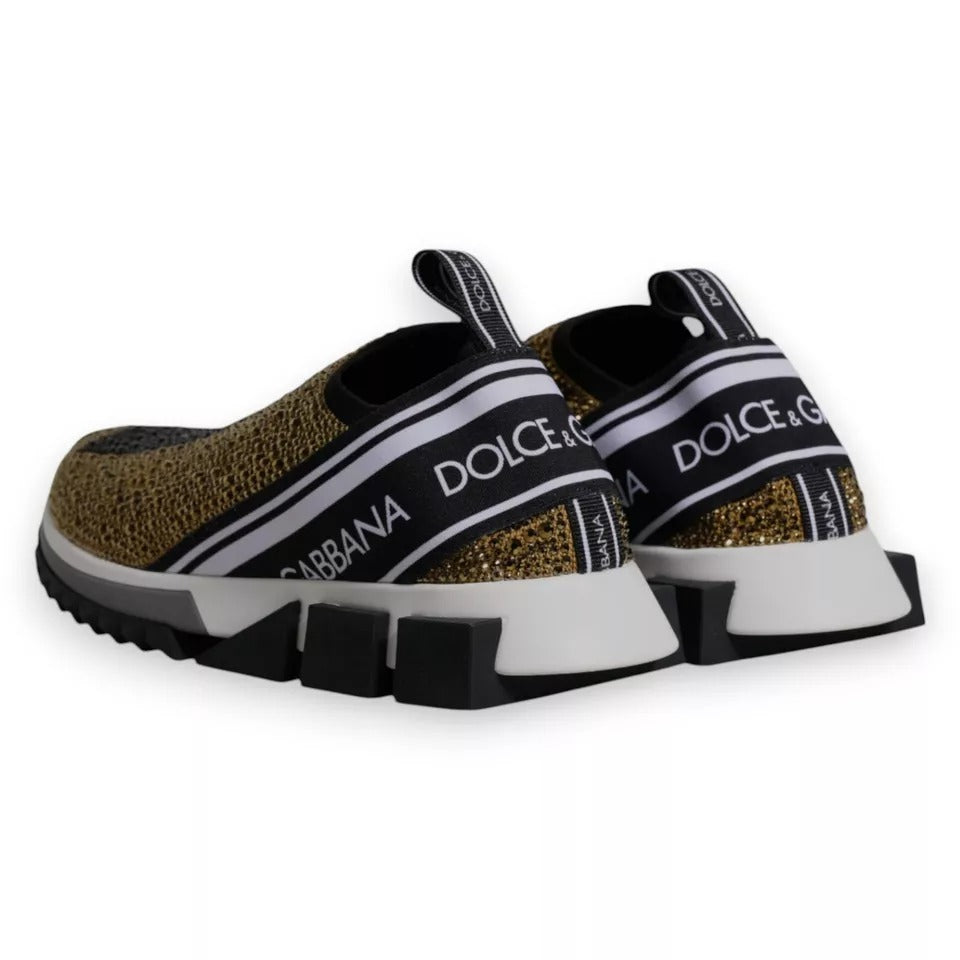 Dolce & Gabbana Sorrento sneakers, gold rhinestones, black accents, slip-on style, ridged rubber sole, rear logo, made in Italy
