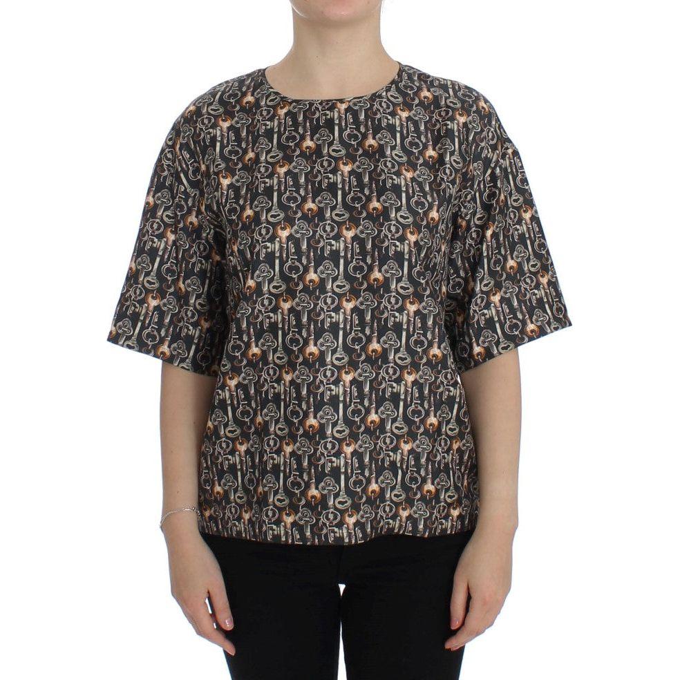 Dolce & Gabbana Enchanted Sicily Silk Blouse with Medieval Keys Print Dolce & Gabbana Dark Slate Gray