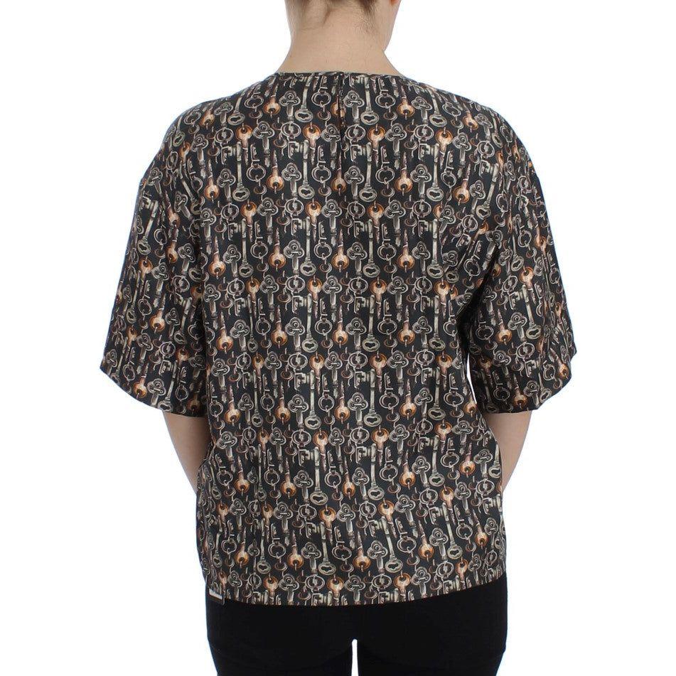Dolce & Gabbana Enchanted Sicily Silk Blouse with Medieval Keys Print Dolce & Gabbana Dark Slate Gray