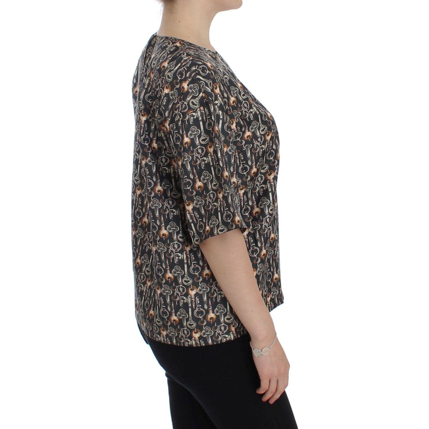 Dolce & Gabbana Enchanted Sicily Silk Blouse with Medieval Keys Print Dolce & Gabbana Dark Slate Gray