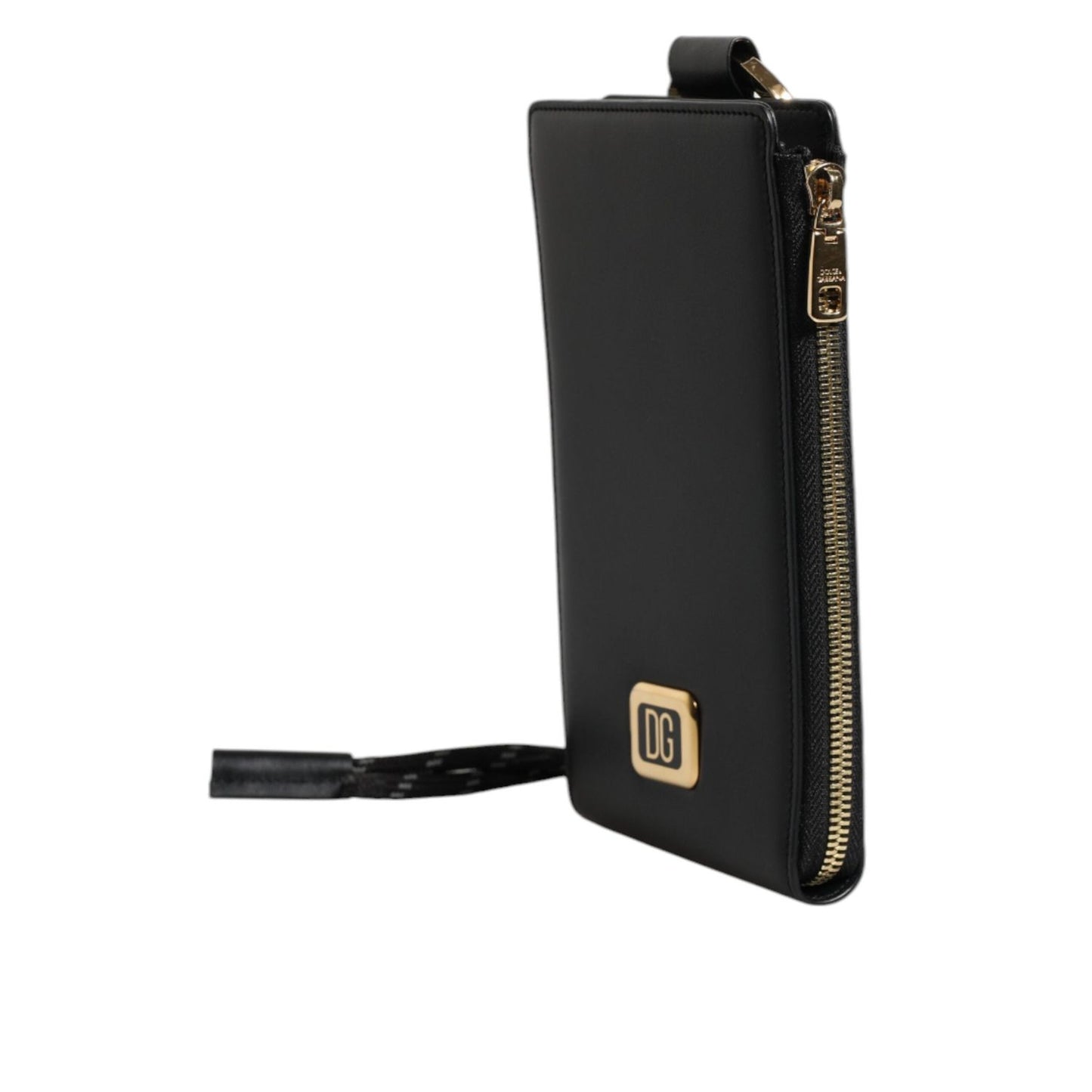 Dolce & Gabbana Black Leather Logo Plaque Neck Strap Card Coin Wallet