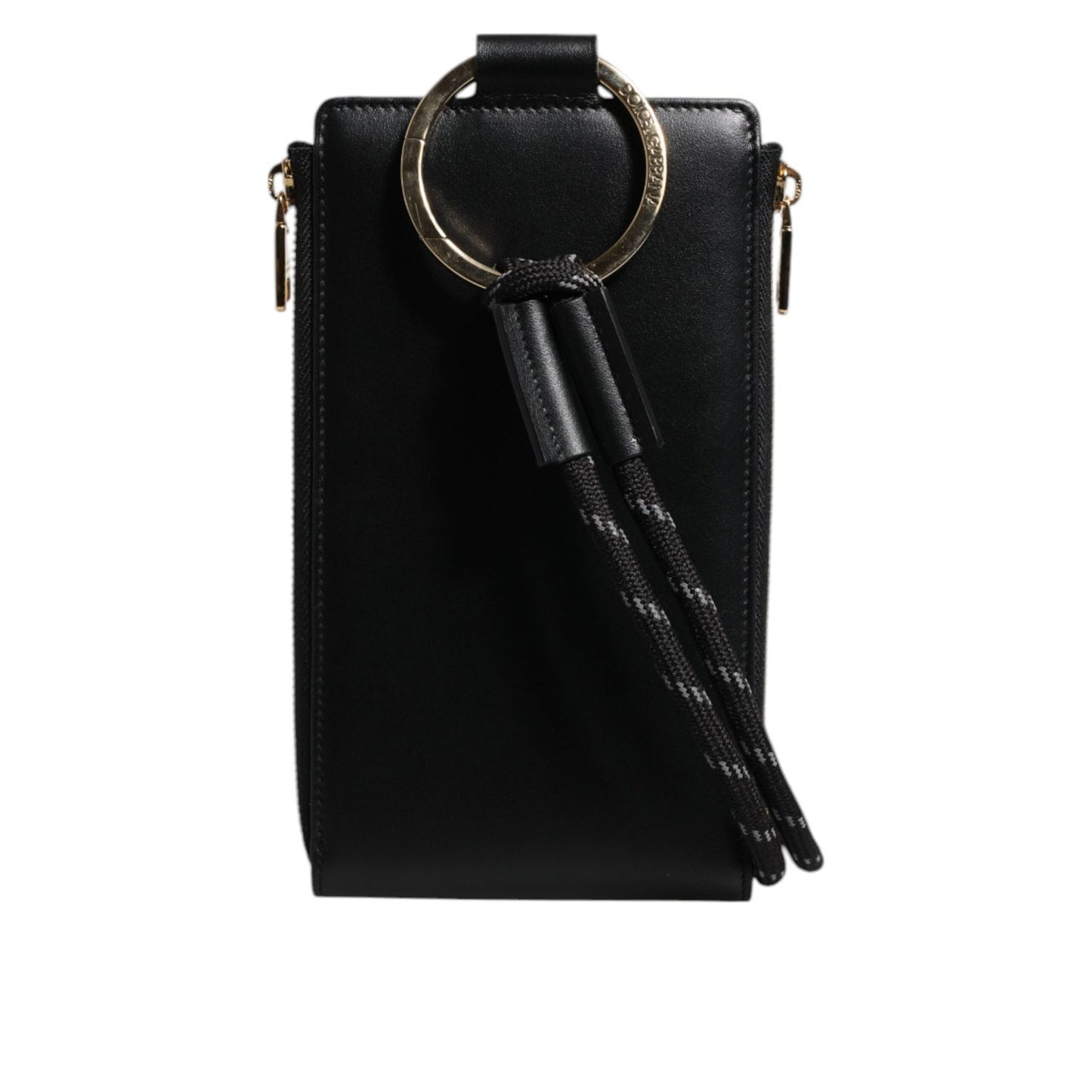 Dolce & Gabbana Black Leather Logo Plaque Neck Strap Card Coin Wallet