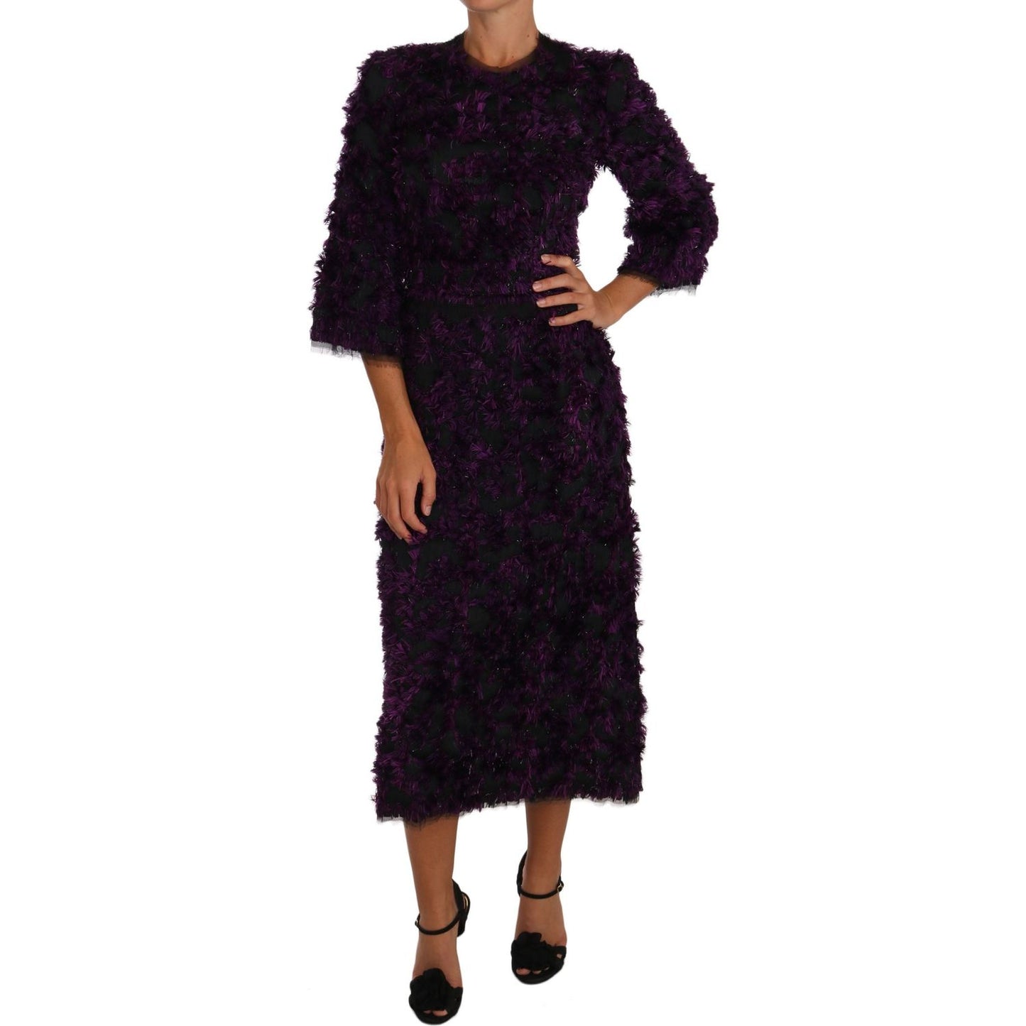 Dolce & Gabbana Elegant Fringe Sheath Dress in Purple & Black Dolce & Gabbana Black