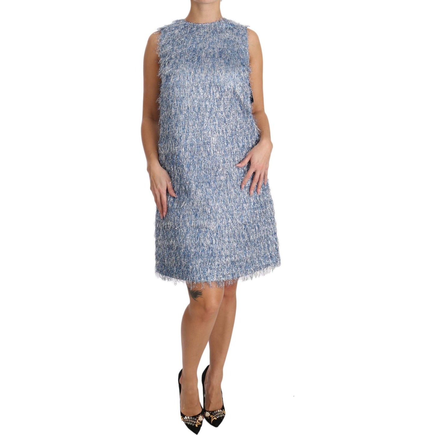 Dolce & Gabbana Elegant Light Blue Fringe Shift Dress Dolce & Gabbana Light Slate Gray